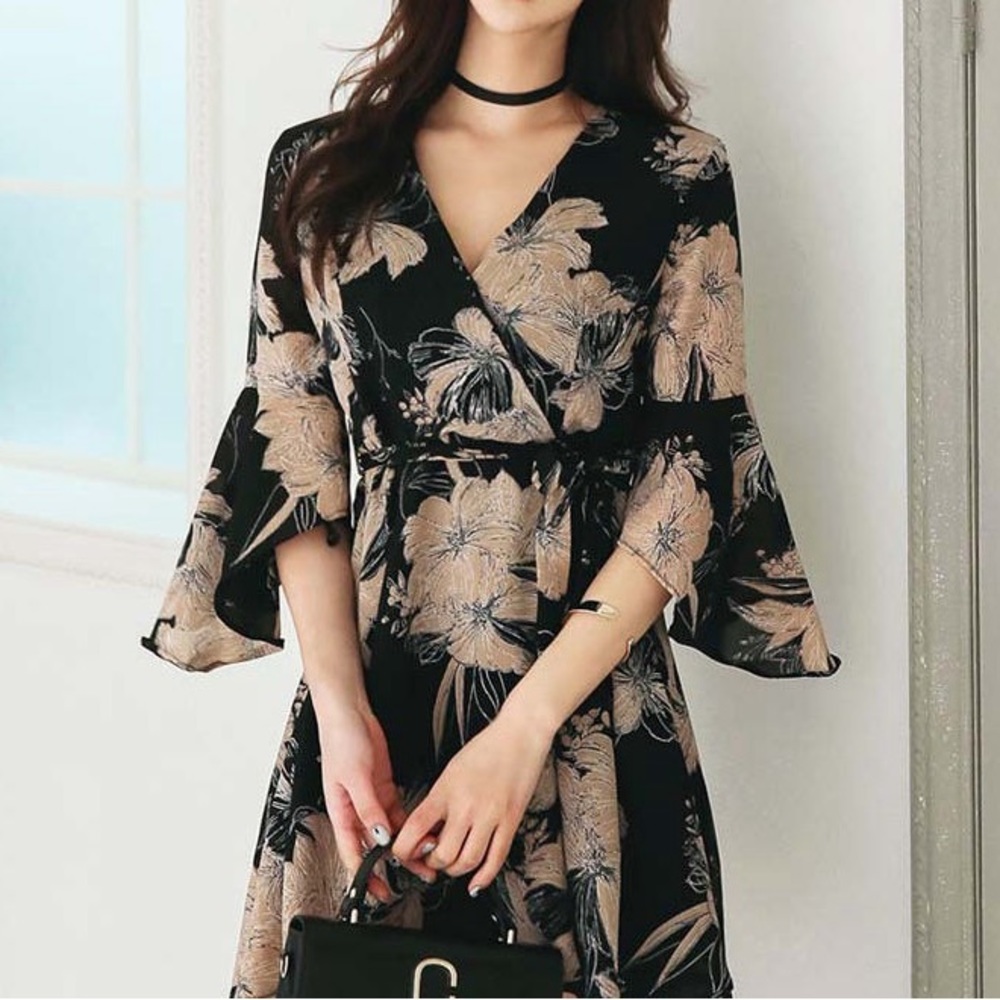Aurora - 3/4 Sleeve V-Neck Floral Chiffon Wrap Dress